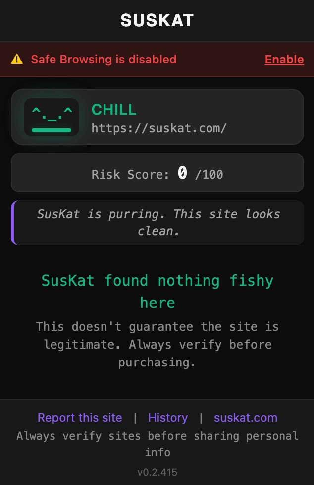 SusKat extension popup showing a safe site with CHILL status and risk score of 0